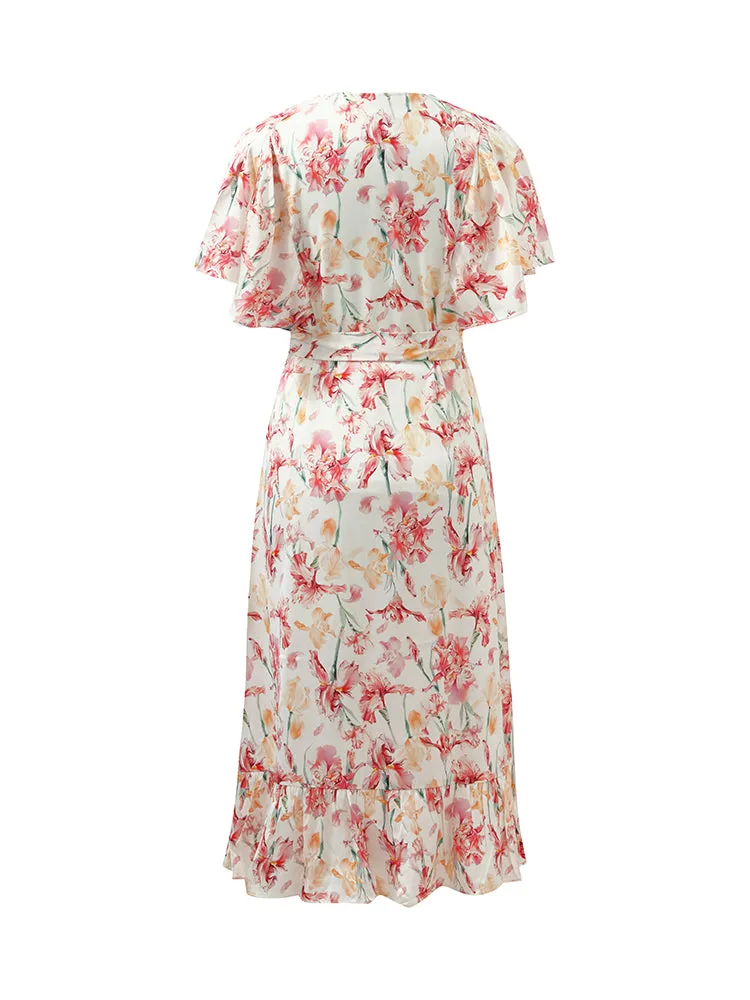 19 Momme Mulberry Silk Iris Printed V-Neck Ruffle Tied Women Midi Dress