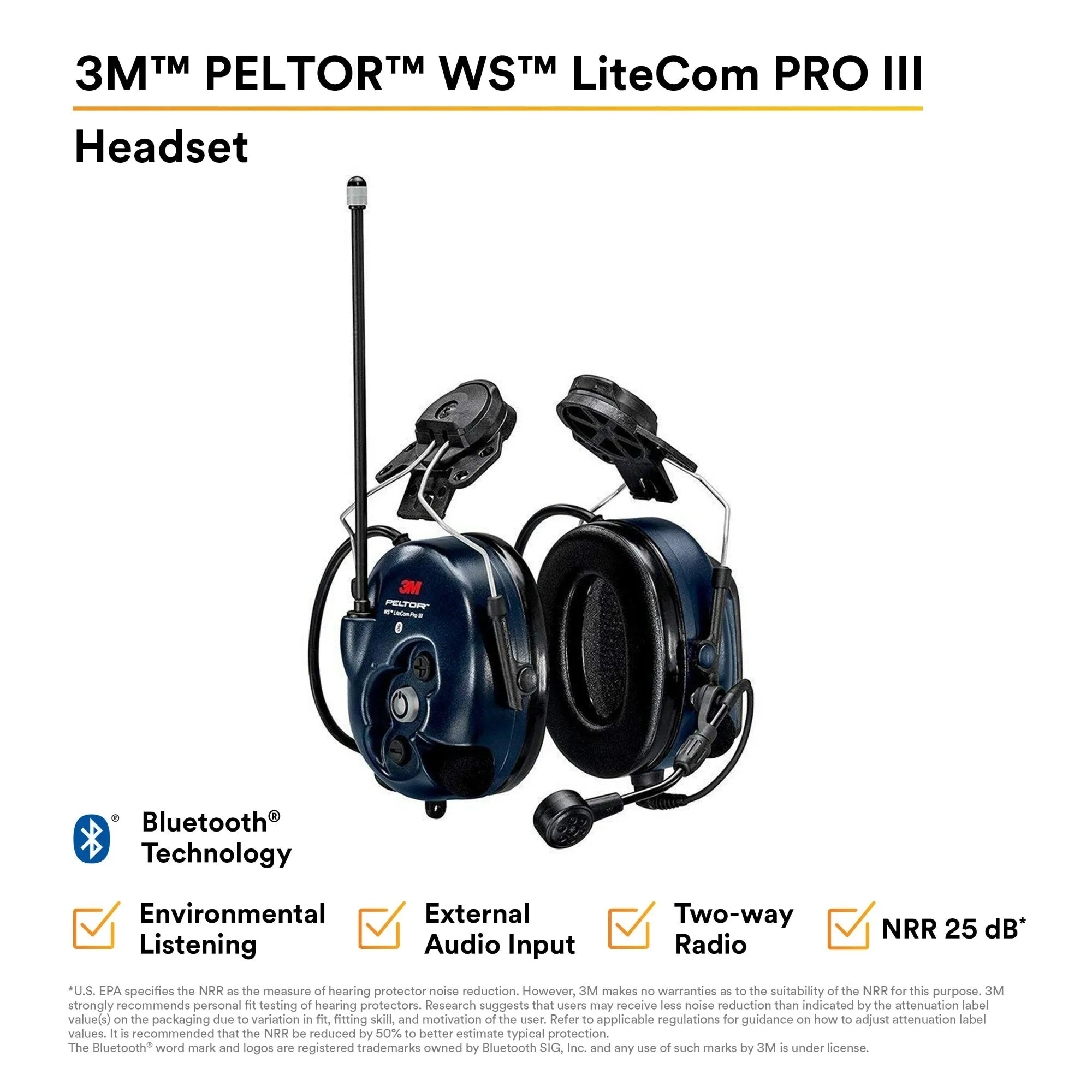 3M PELTOR WS LiteCom PRO III Headset - Hard Hat Attached -MT73H7P3E4D10-NA