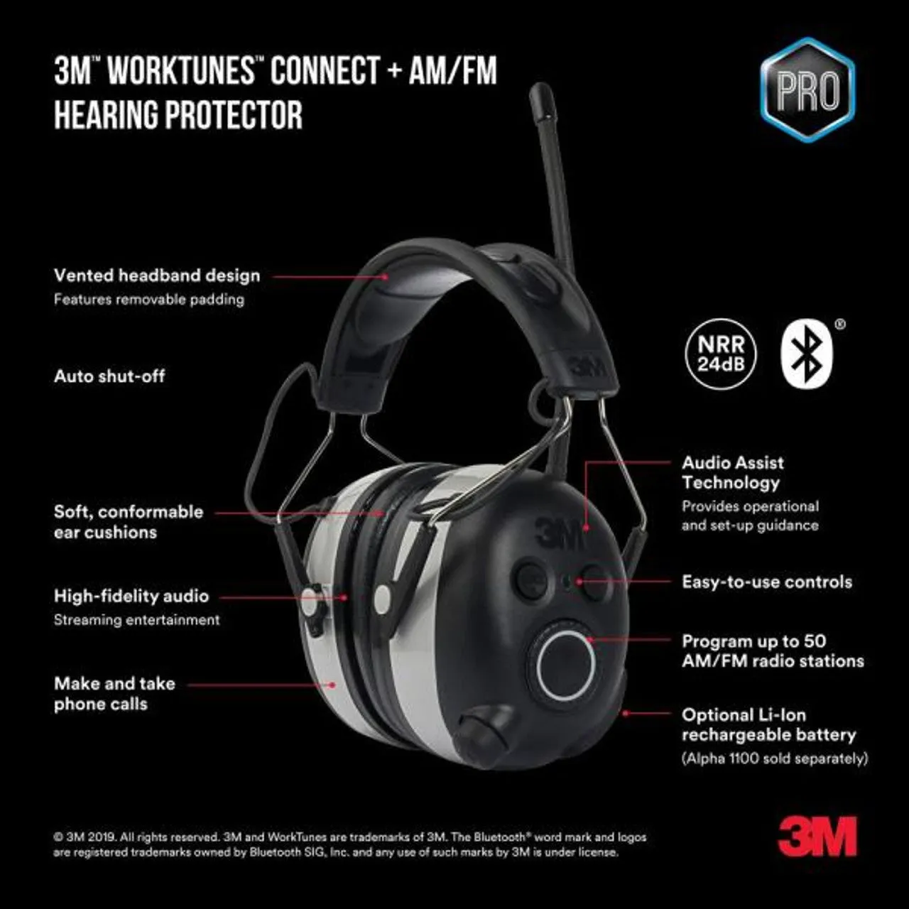 3M Pro Series WorkTunes™ Wireless Bluetooth Earmuff with AM/FM, Call Connect   Streaming (SLC80 27.9dB, Class 5)