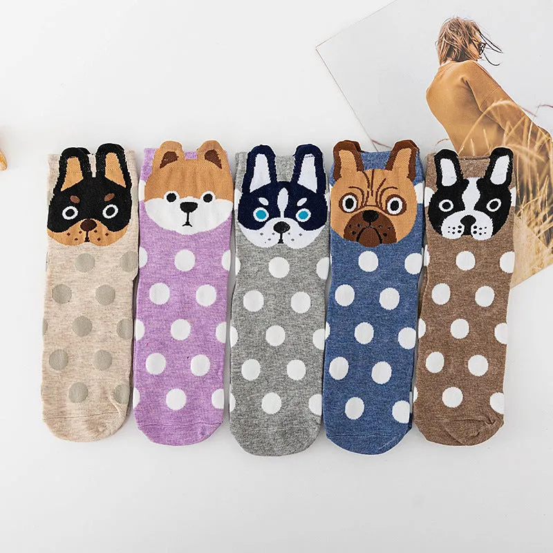 5 Pairs Cute Dots Animal Socks for Women, Funny Dog Socks