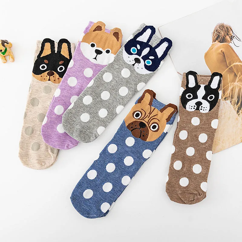 5 Pairs Cute Dots Animal Socks for Women, Funny Dog Socks