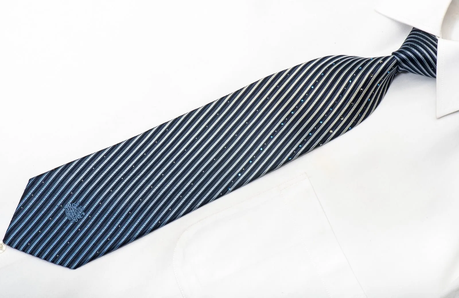 Aquascutum Men's Rhinestone Silk Tie Striped On Blue With Silver Sparkles