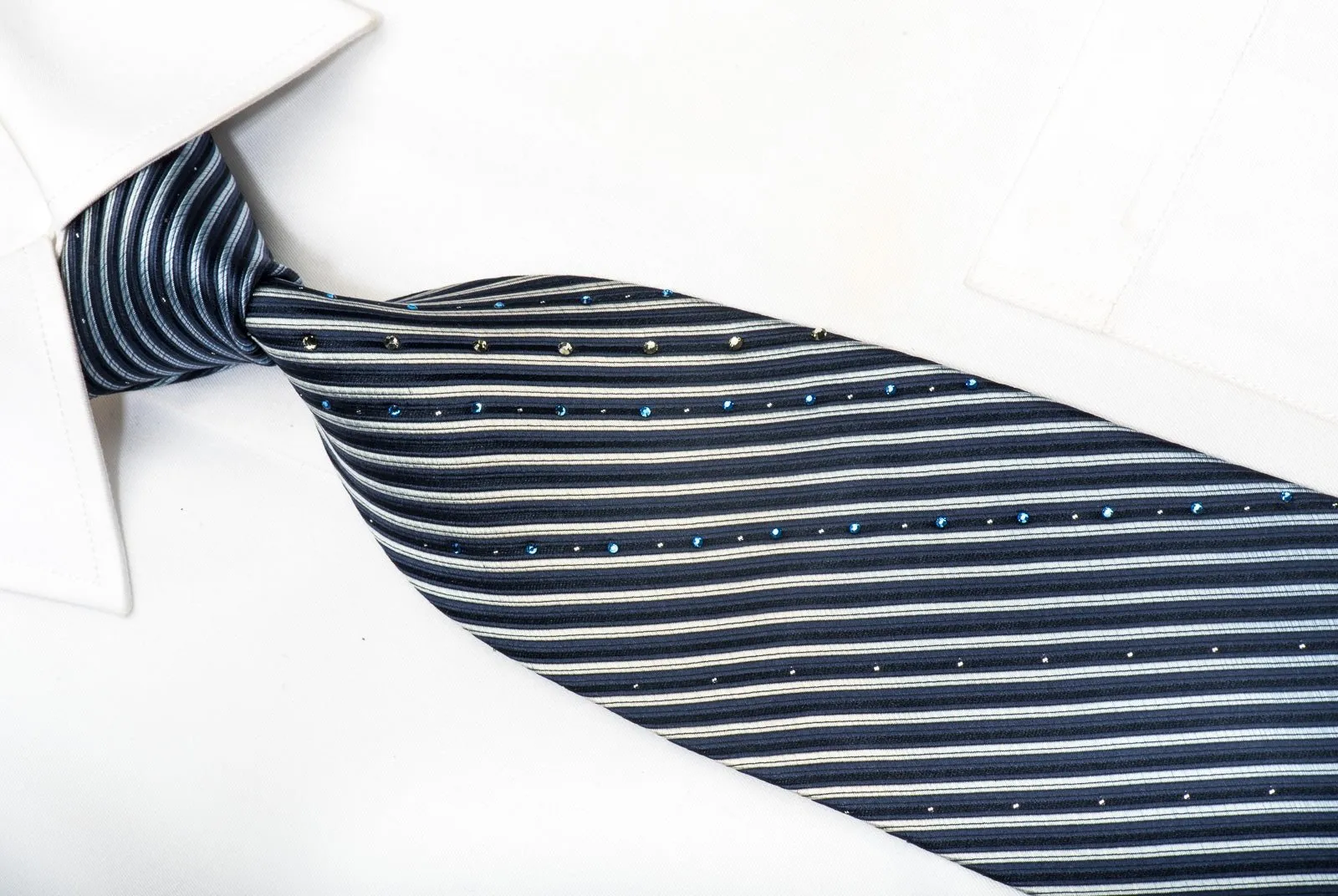 Aquascutum Men's Rhinestone Silk Tie Striped On Blue With Silver Sparkles