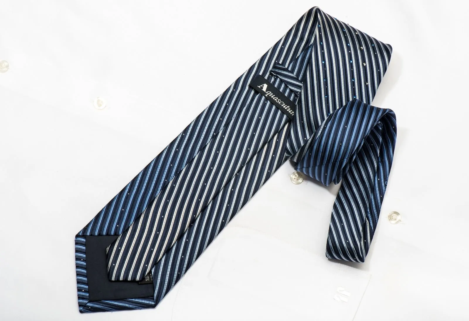 Aquascutum Men's Rhinestone Silk Tie Striped On Blue With Silver Sparkles