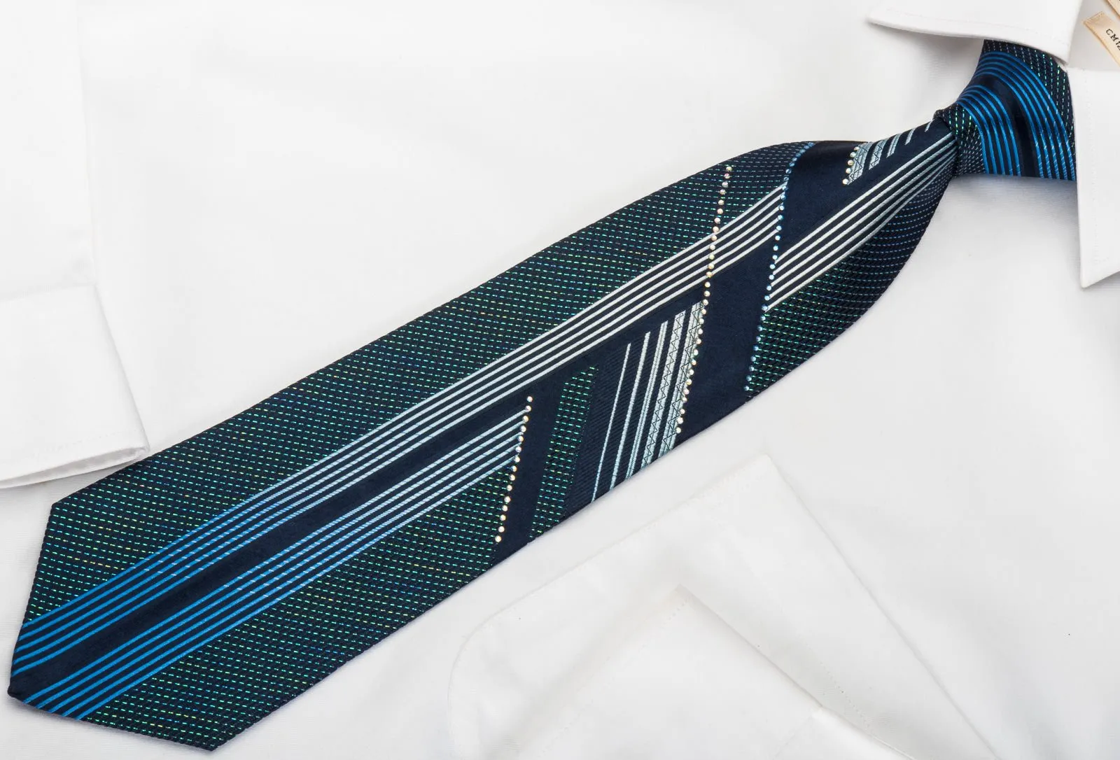 Austin Reed Rhinestone Silk Necktie Vertical Striped On Navy Covered With Turquoise Sparkles