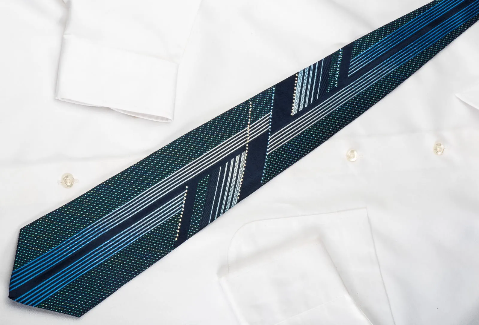 Austin Reed Rhinestone Silk Necktie Vertical Striped On Navy Covered With Turquoise Sparkles