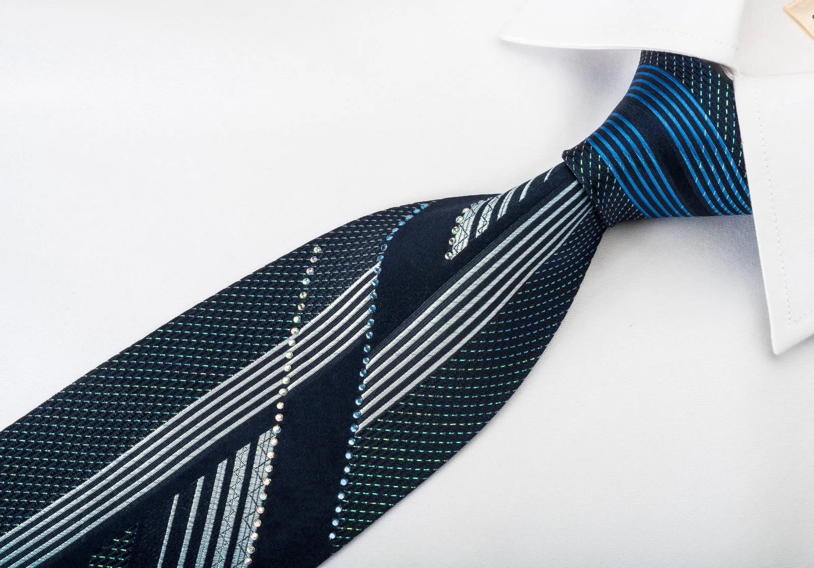 Austin Reed Rhinestone Silk Necktie Vertical Striped On Navy Covered With Turquoise Sparkles