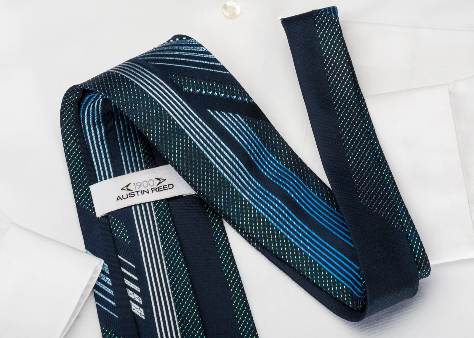 Austin Reed Rhinestone Silk Necktie Vertical Striped On Navy Covered With Turquoise Sparkles