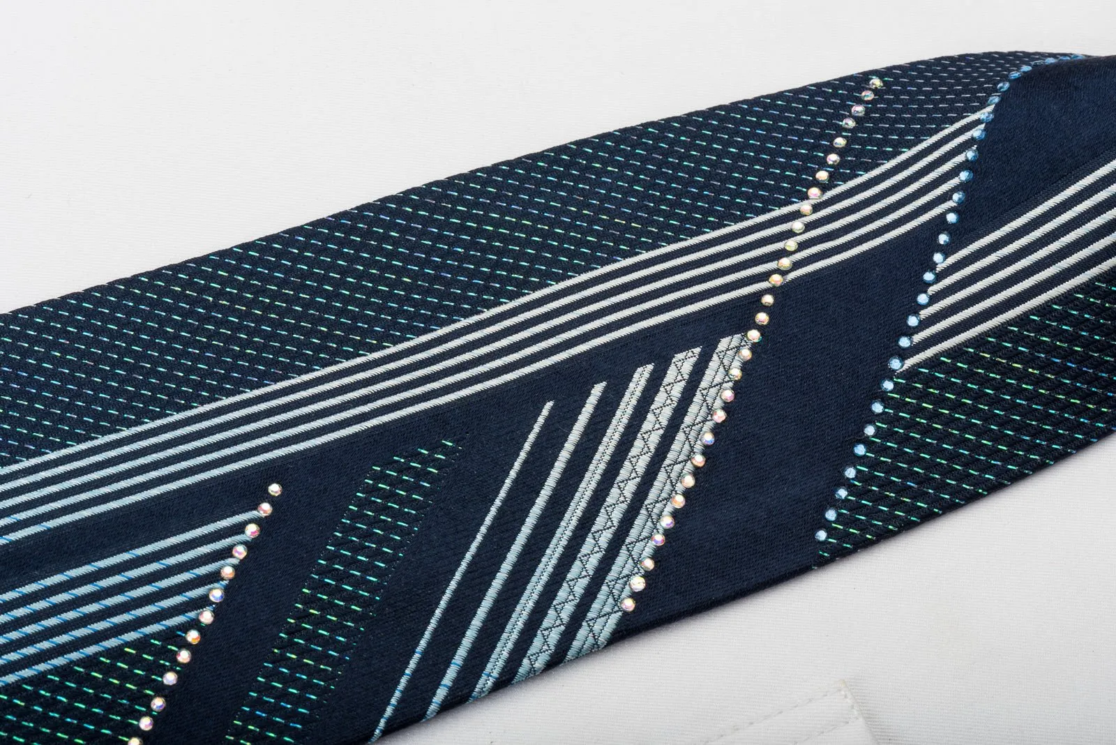 Austin Reed Rhinestone Silk Necktie Vertical Striped On Navy Covered With Turquoise Sparkles