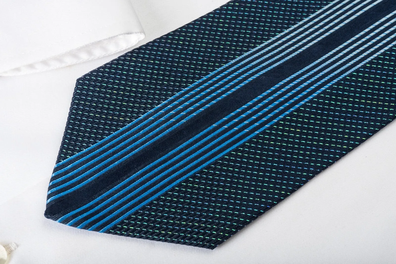 Austin Reed Rhinestone Silk Necktie Vertical Striped On Navy Covered With Turquoise Sparkles