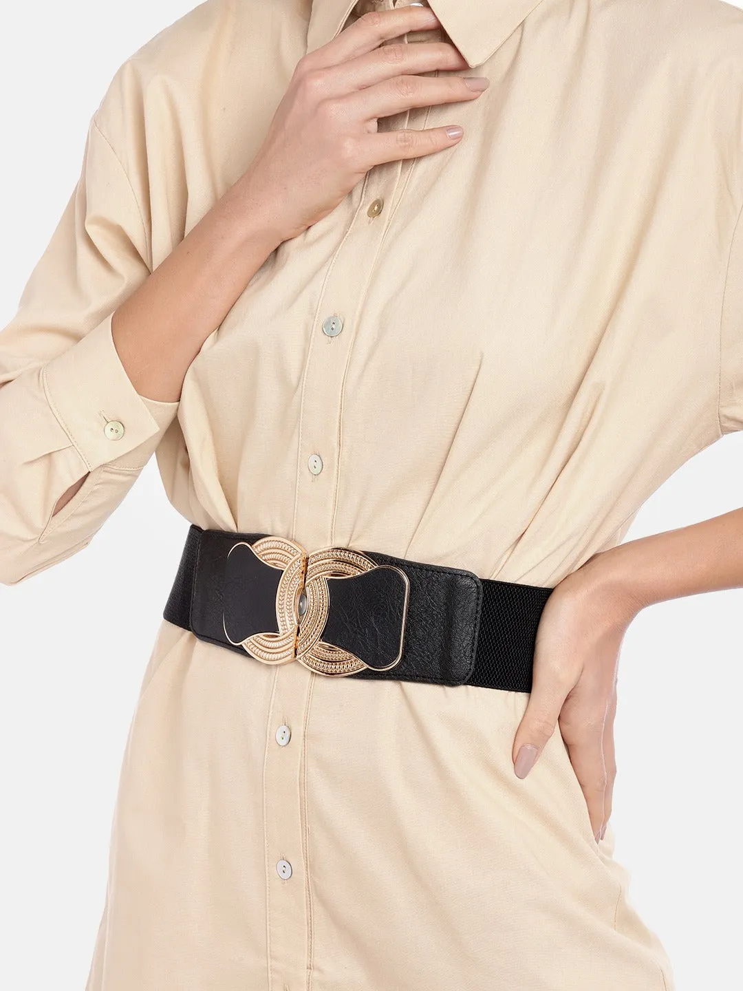 Berrylush Women Black Elastic Strap Golden Buckle Belt