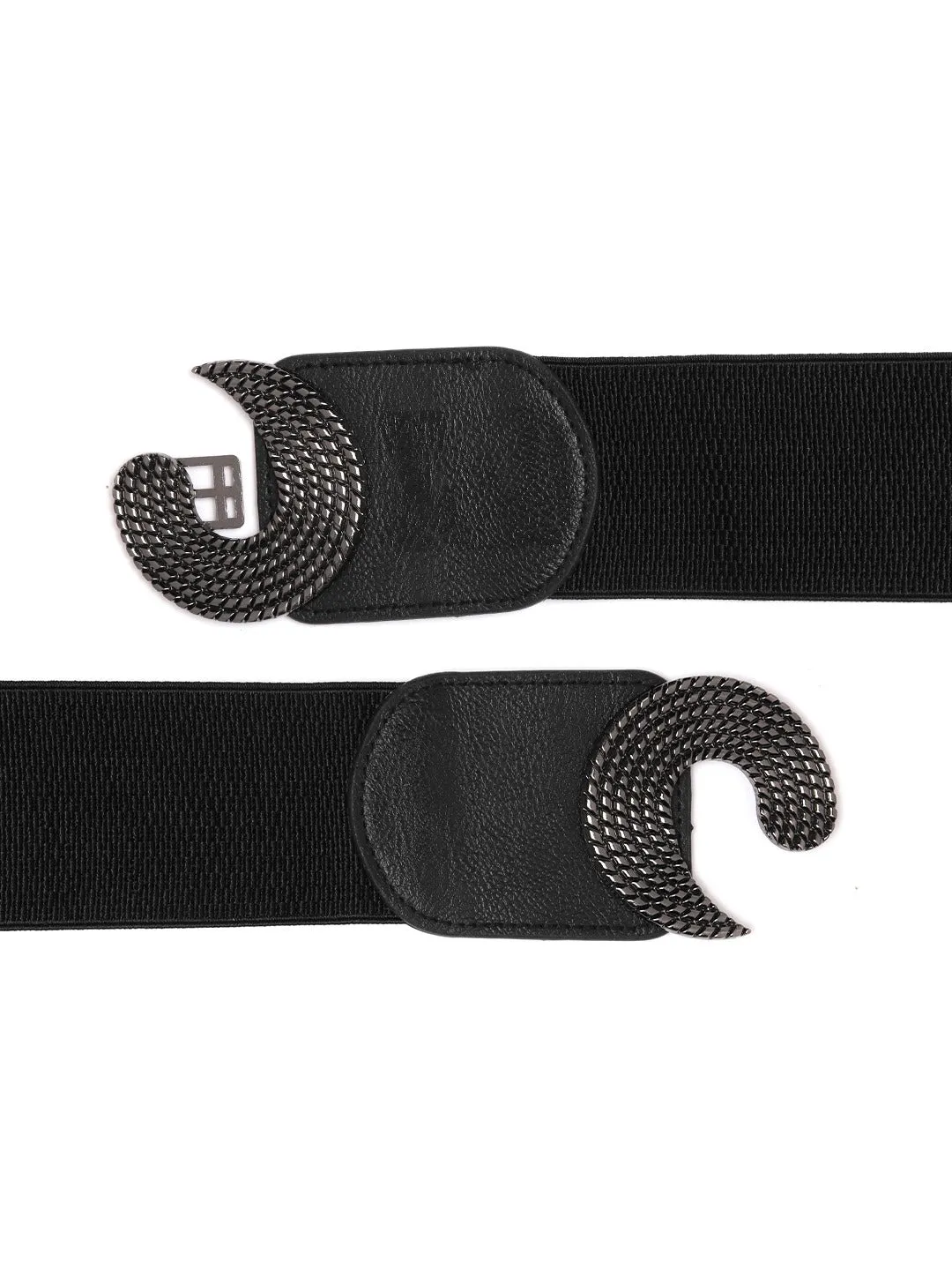 Berrylush Women Black Elastic Strap Ying Yang Buckle Belt