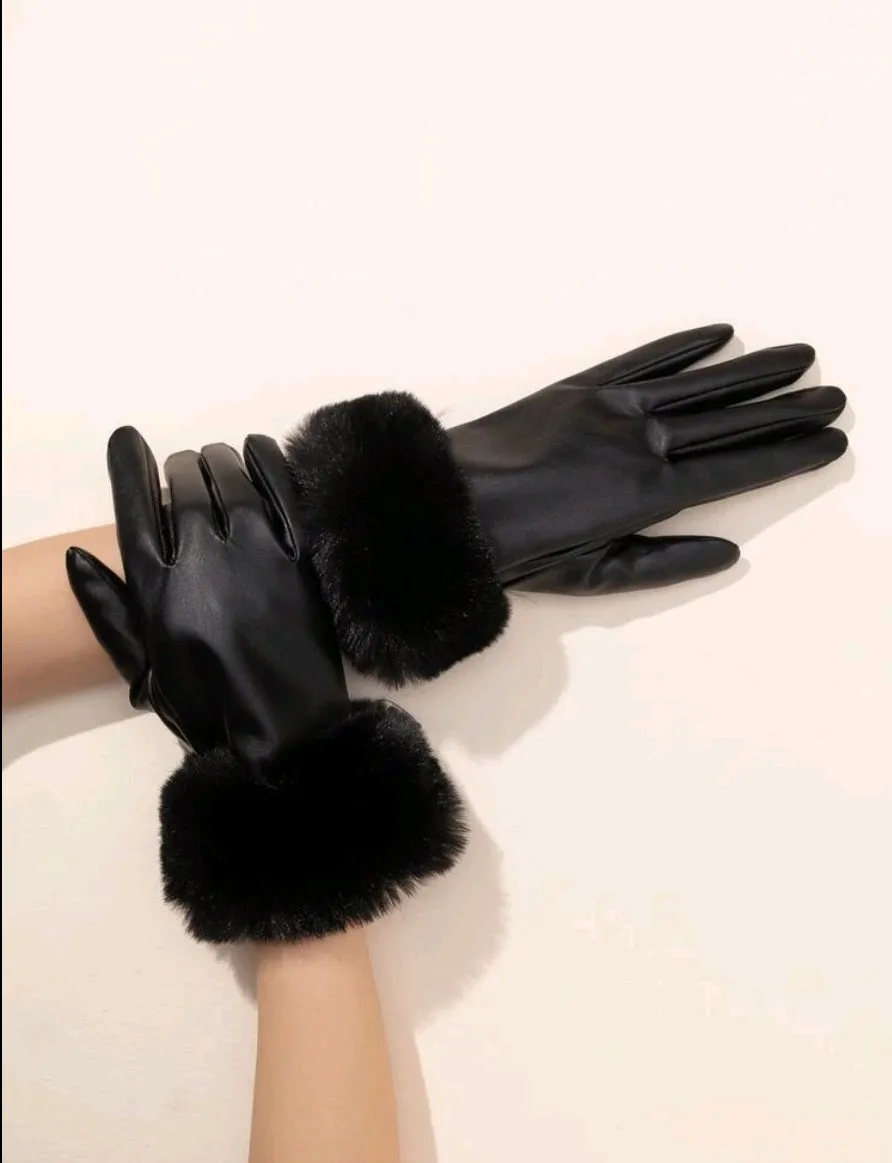 Black Fur Faux Leather Gloves