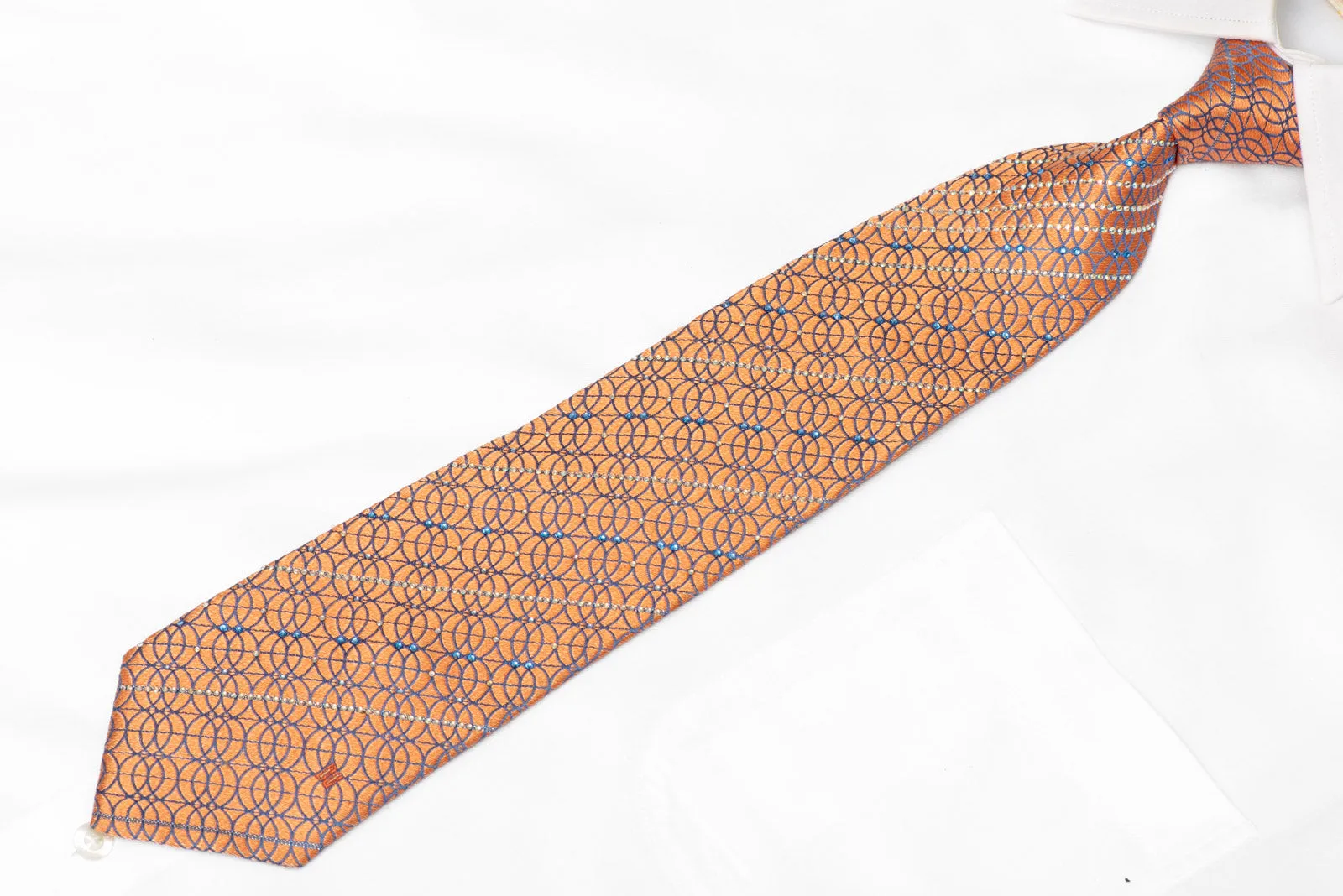 Blue Interlocking Circles On Peach Orange Rhinestone Silk Tie With Sparkles