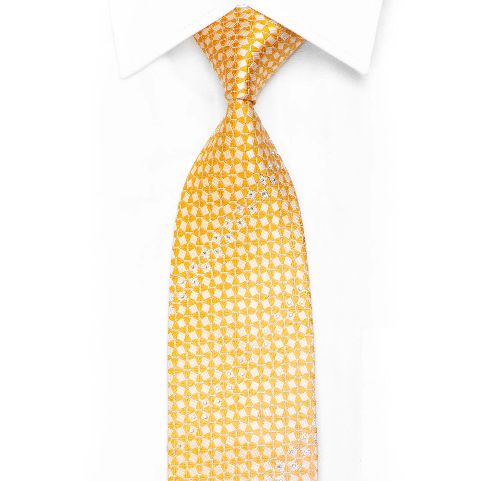 Brentwood Rhinestone Silk Necktie Orange Yellow Geometric With Sparkles