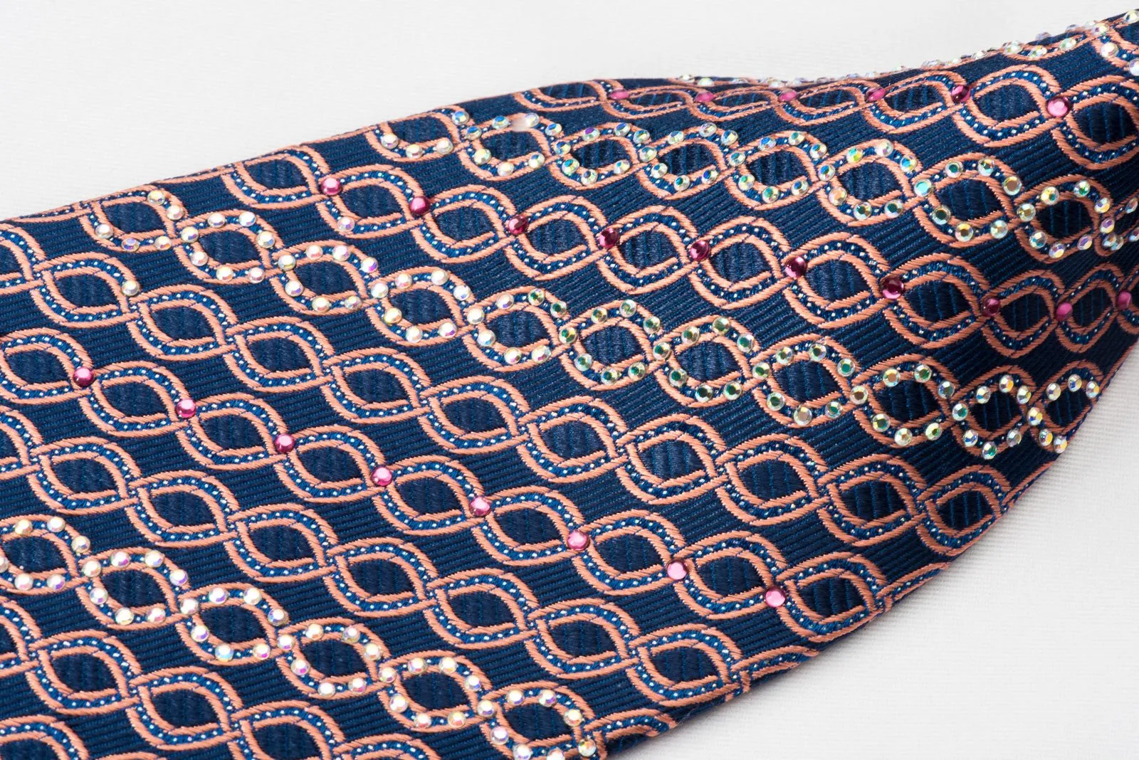 Bruno Baffi Silk Rhinestone Necktie Pink Waves On Blue With Silver Sparkles