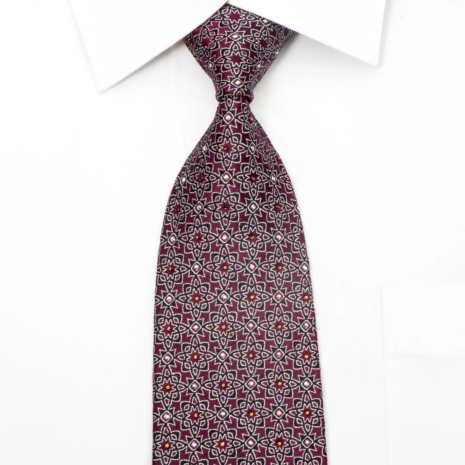 Cabrini Men's Crystal Tie Arabesque On Burgundy Sparkling With Rhinestones