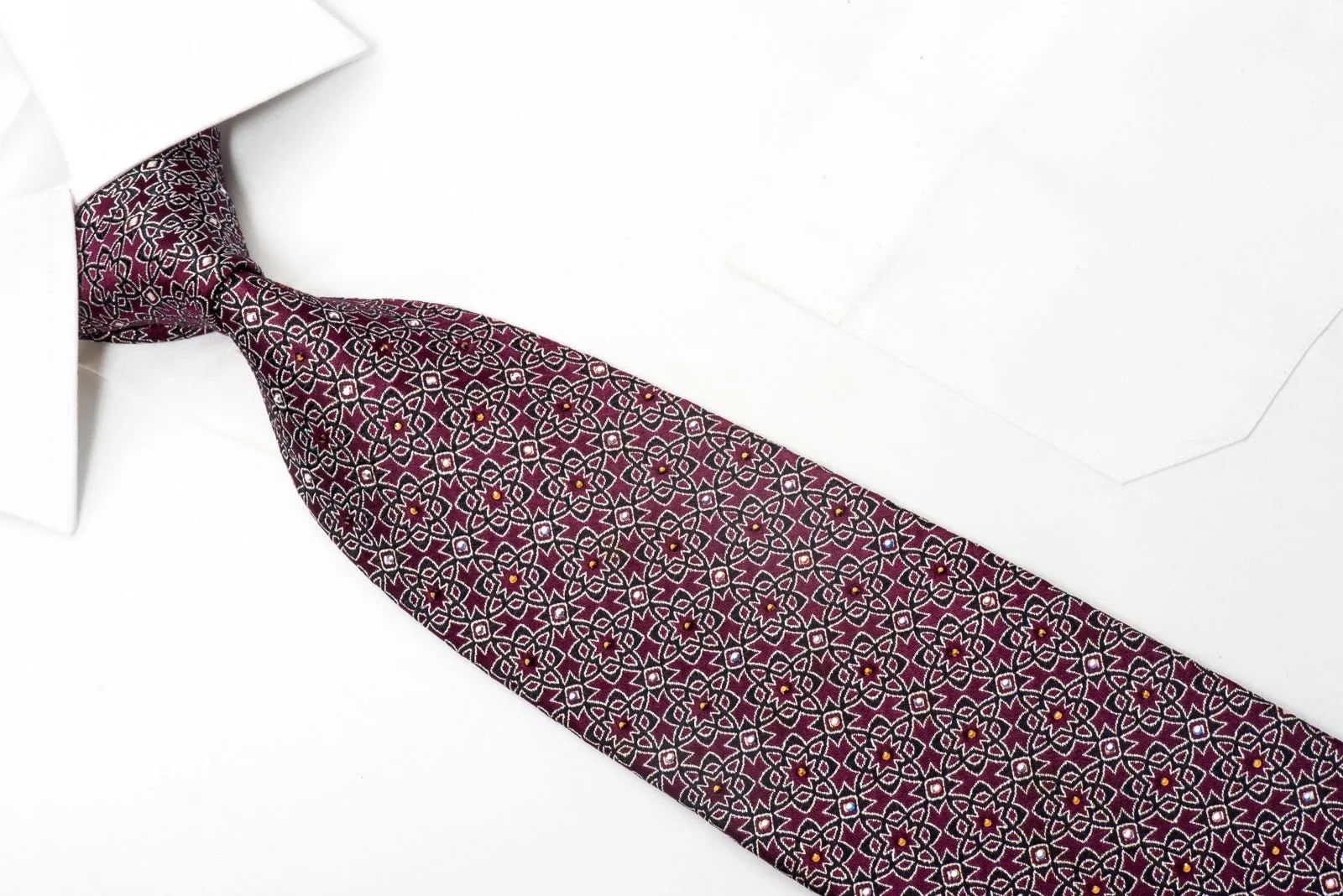 Cabrini Men's Crystal Tie Arabesque On Burgundy Sparkling With Rhinestones