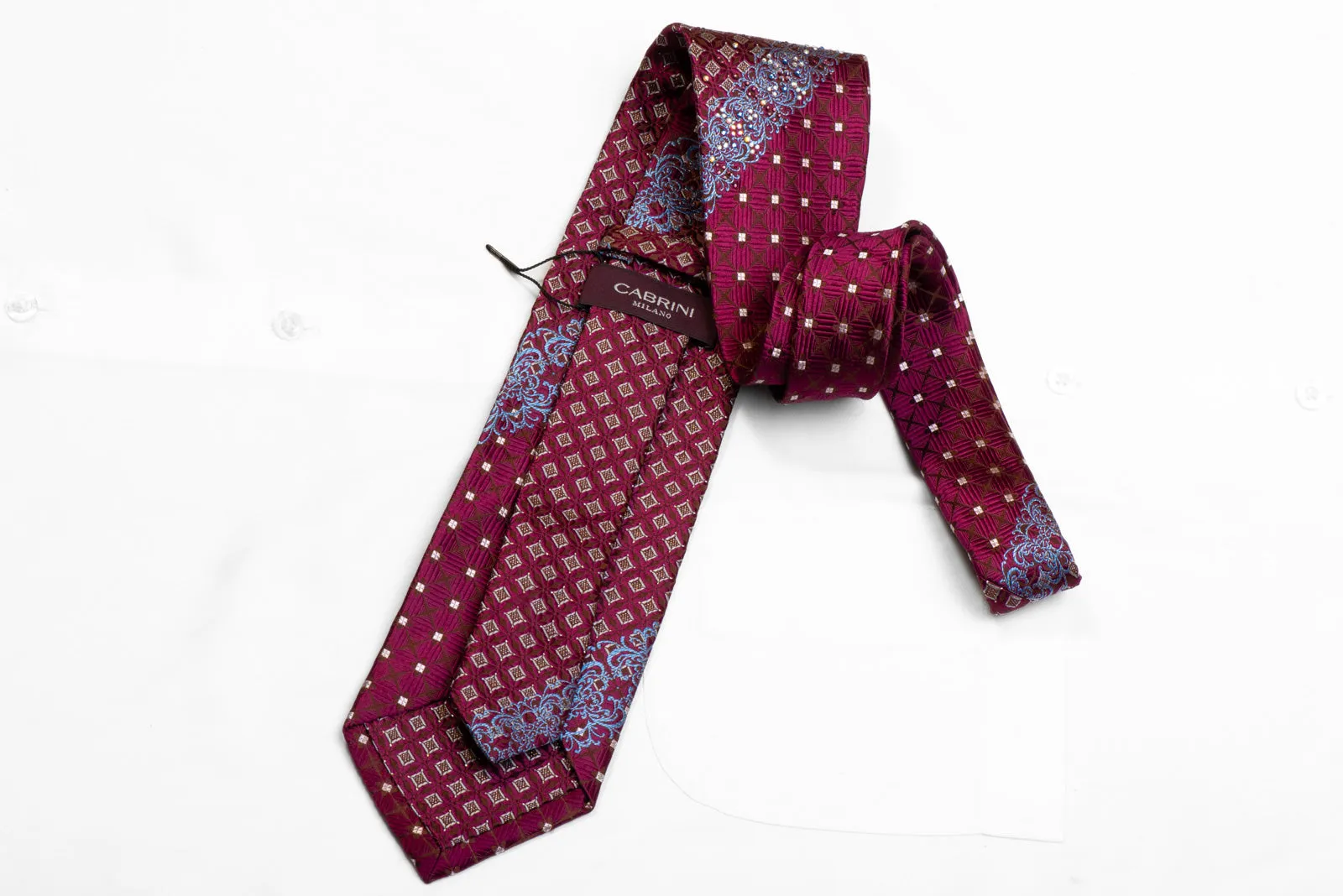 Cabrini Rhinestone Silk Necktie Burgundy Blue Cartouche On Brown With Sparkles