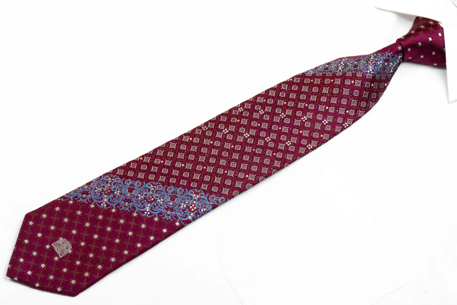 Cabrini Rhinestone Silk Necktie Burgundy Blue Cartouche On Brown With Sparkles