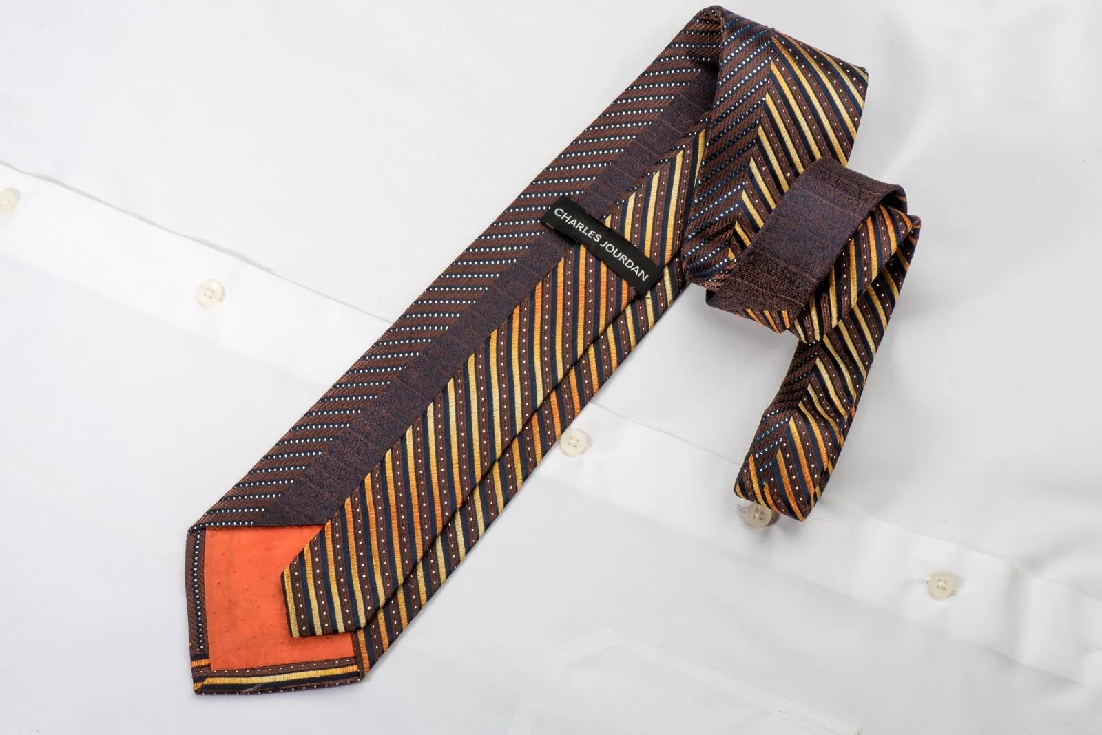 Charles Jourdan Men's Silk Rhinestone Tie Orange Striped On Brown With Silver Sparkles