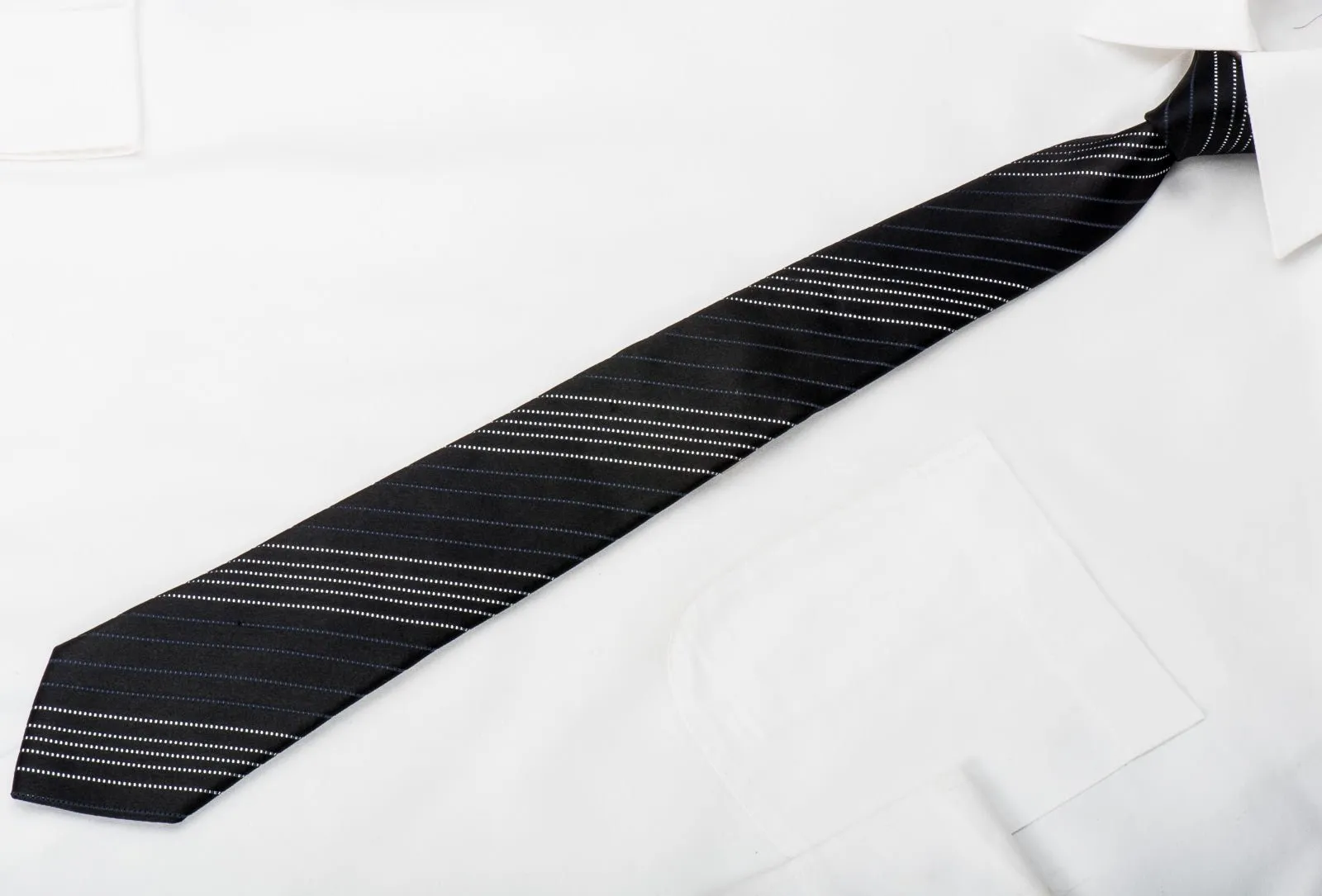 Comodo Mens Silk Skinny Tie Silver Stripes On Black