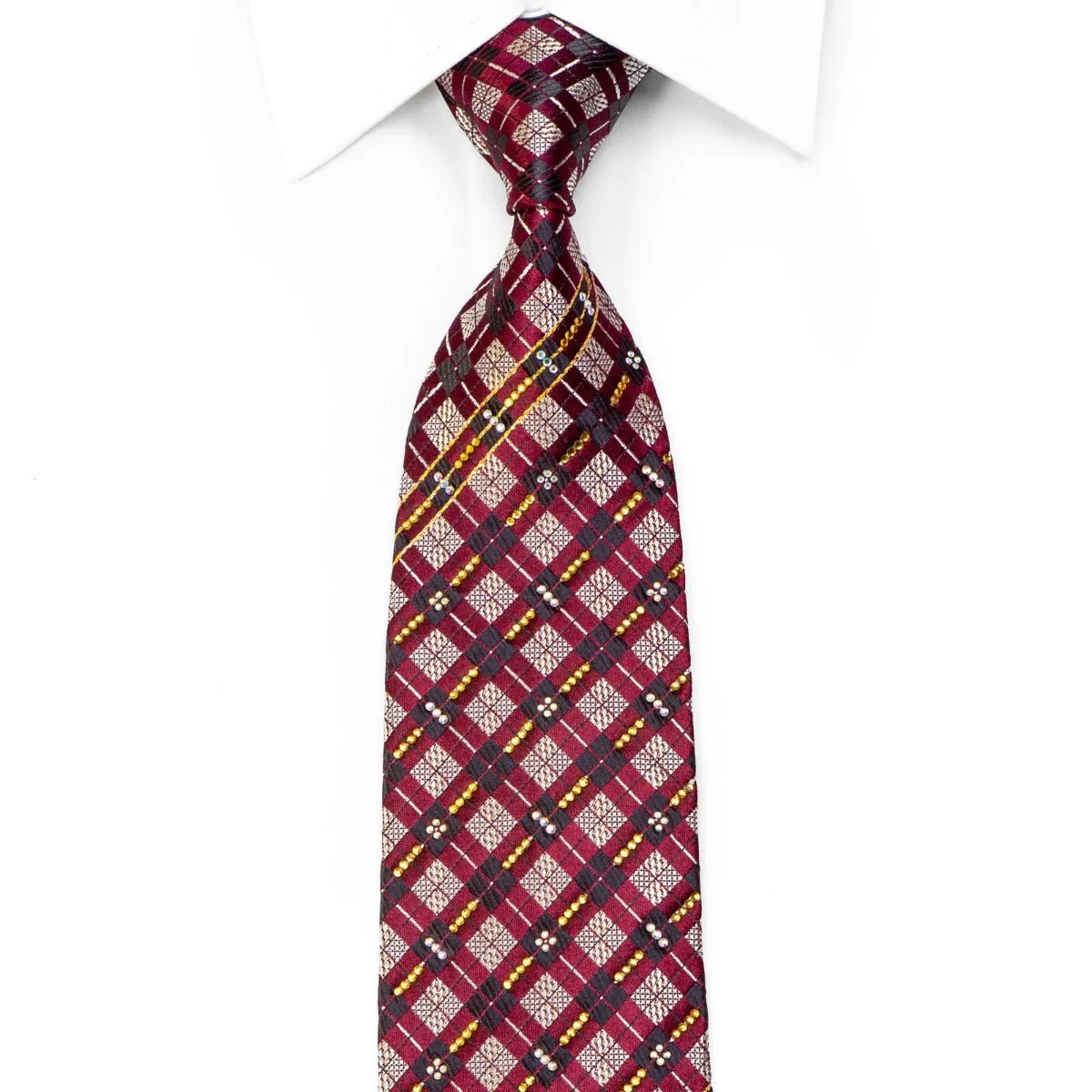 Countess Mara Men's Silk Necktie Silver Geometric On Burgundy With Sparkles