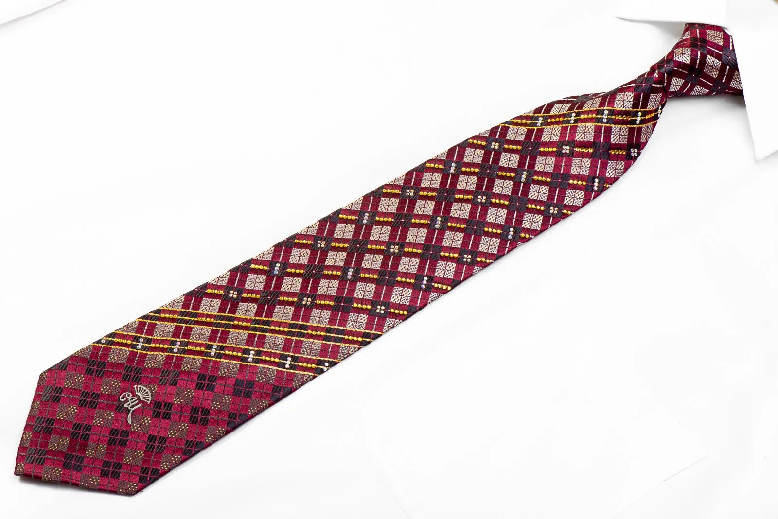 Countess Mara Men's Silk Necktie Silver Geometric On Burgundy With Sparkles