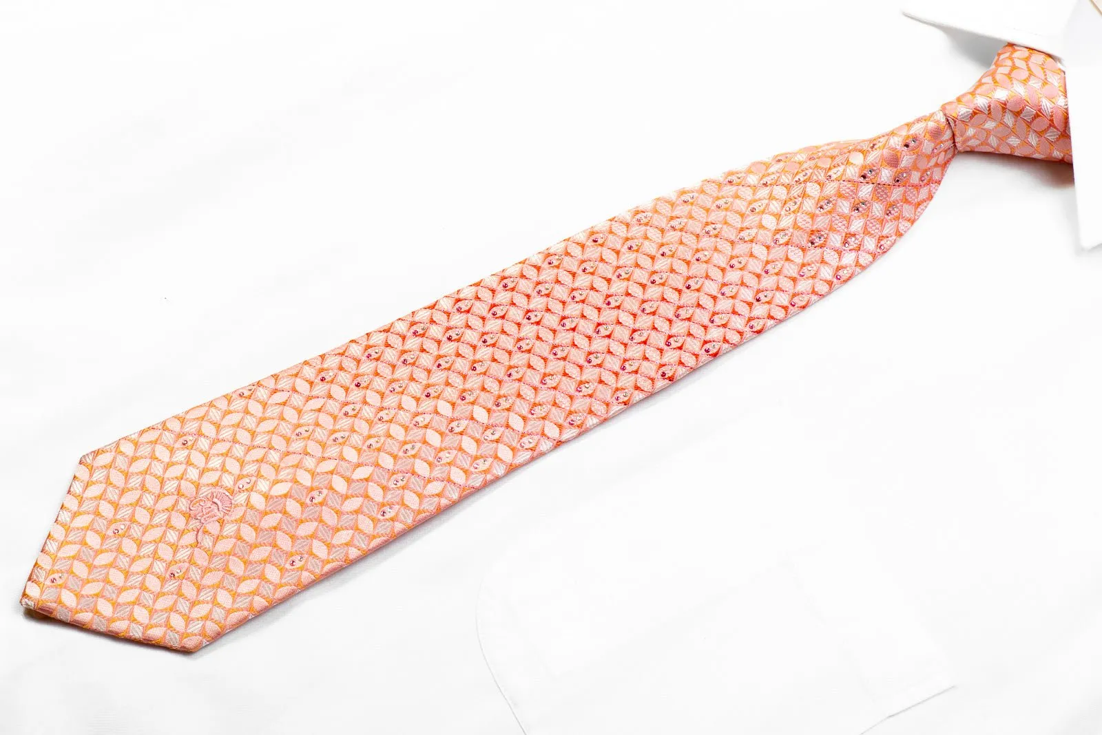 Countess Mara Rhinestone Silk Necktie Pink Orange Geometric Checkered With Sparkles