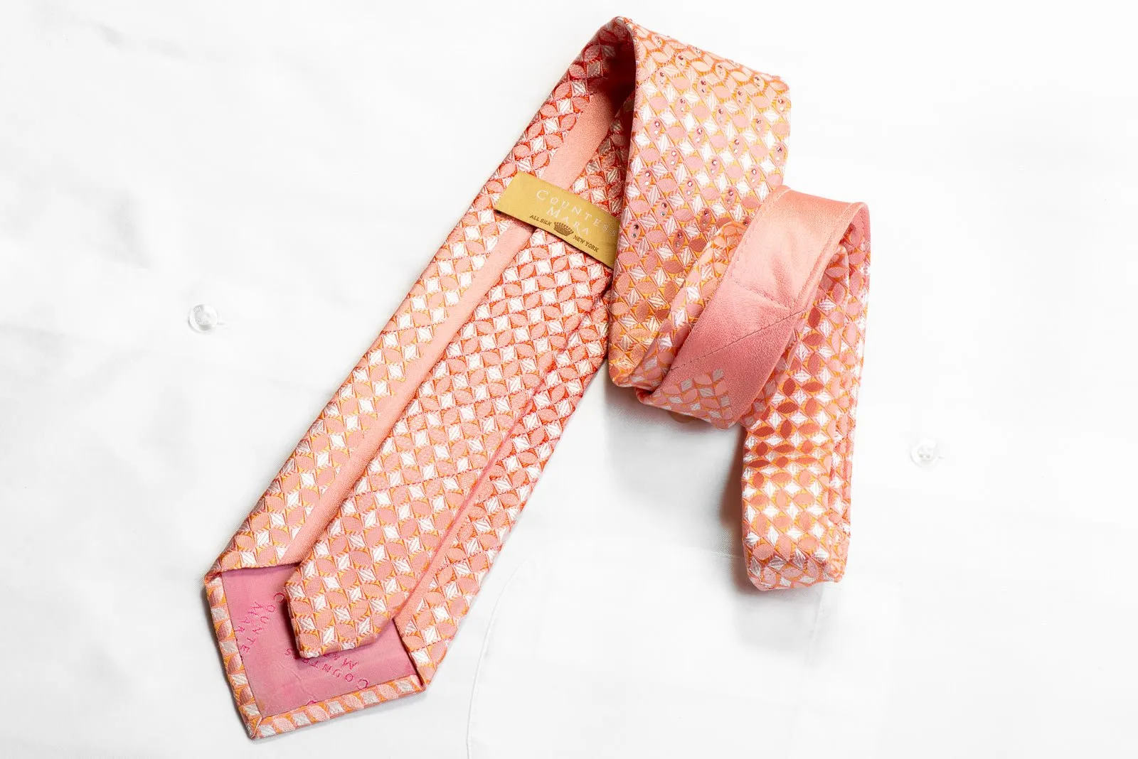 Countess Mara Rhinestone Silk Necktie Pink Orange Geometric Checkered With Sparkles