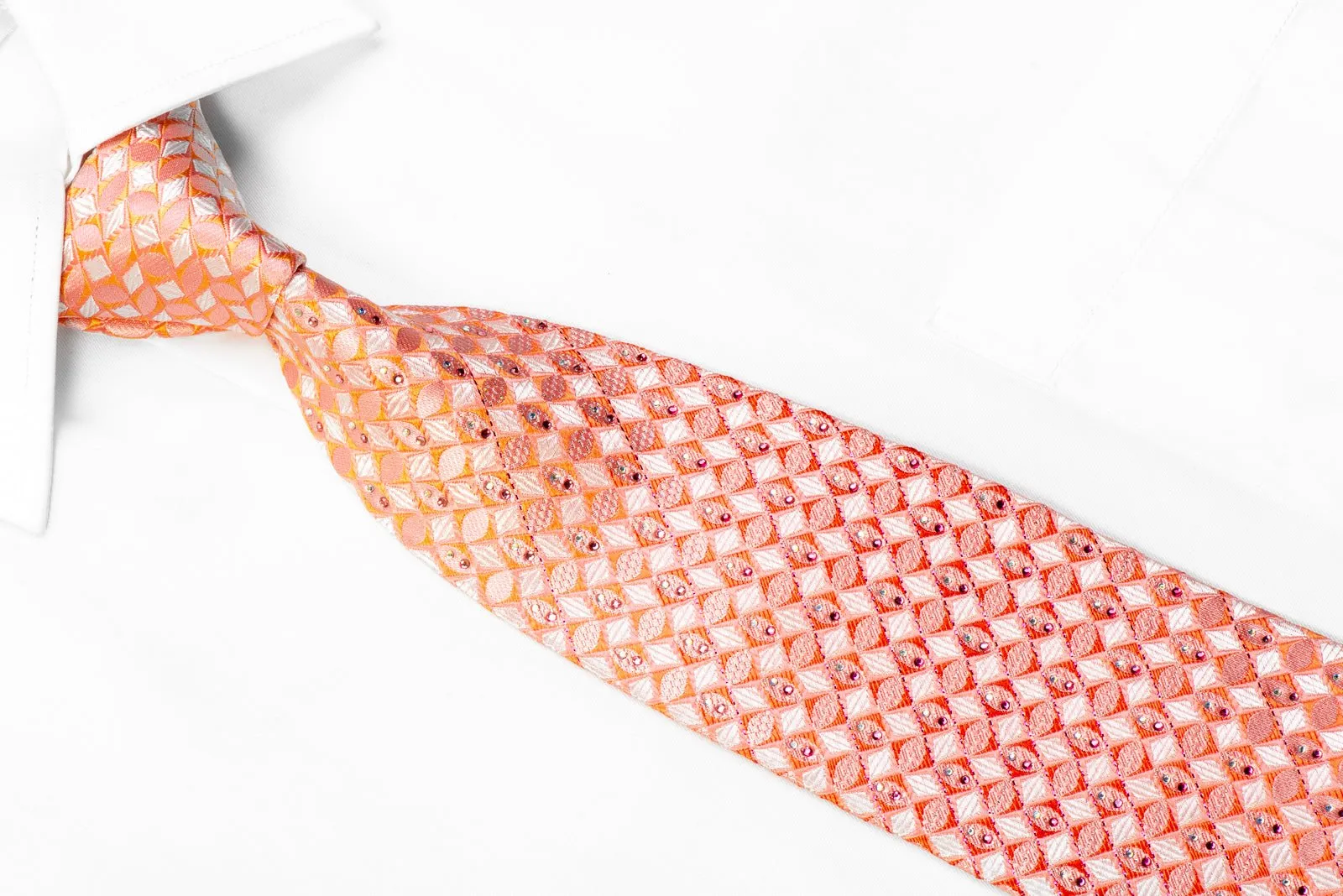 Countess Mara Rhinestone Silk Necktie Pink Orange Geometric Checkered With Sparkles