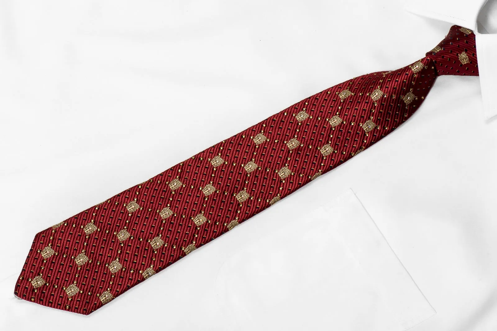 Daks Men's Crystal Silk Necktie Golden Crest On Burgundy With Gold Sparkles