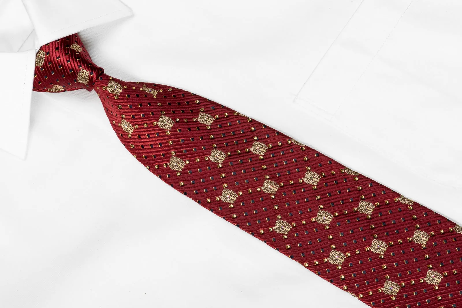 Daks Men's Crystal Silk Necktie Golden Crest On Burgundy With Gold Sparkles