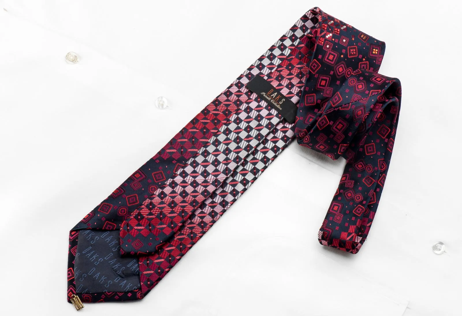 Daks Men's Crystal Silk Tie Red Checkered On Navy With Rhinestones & Red Sparkles