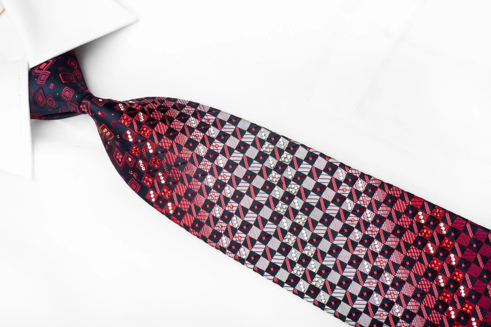 Daks Men's Crystal Silk Tie Red Checkered On Navy With Rhinestones & Red Sparkles