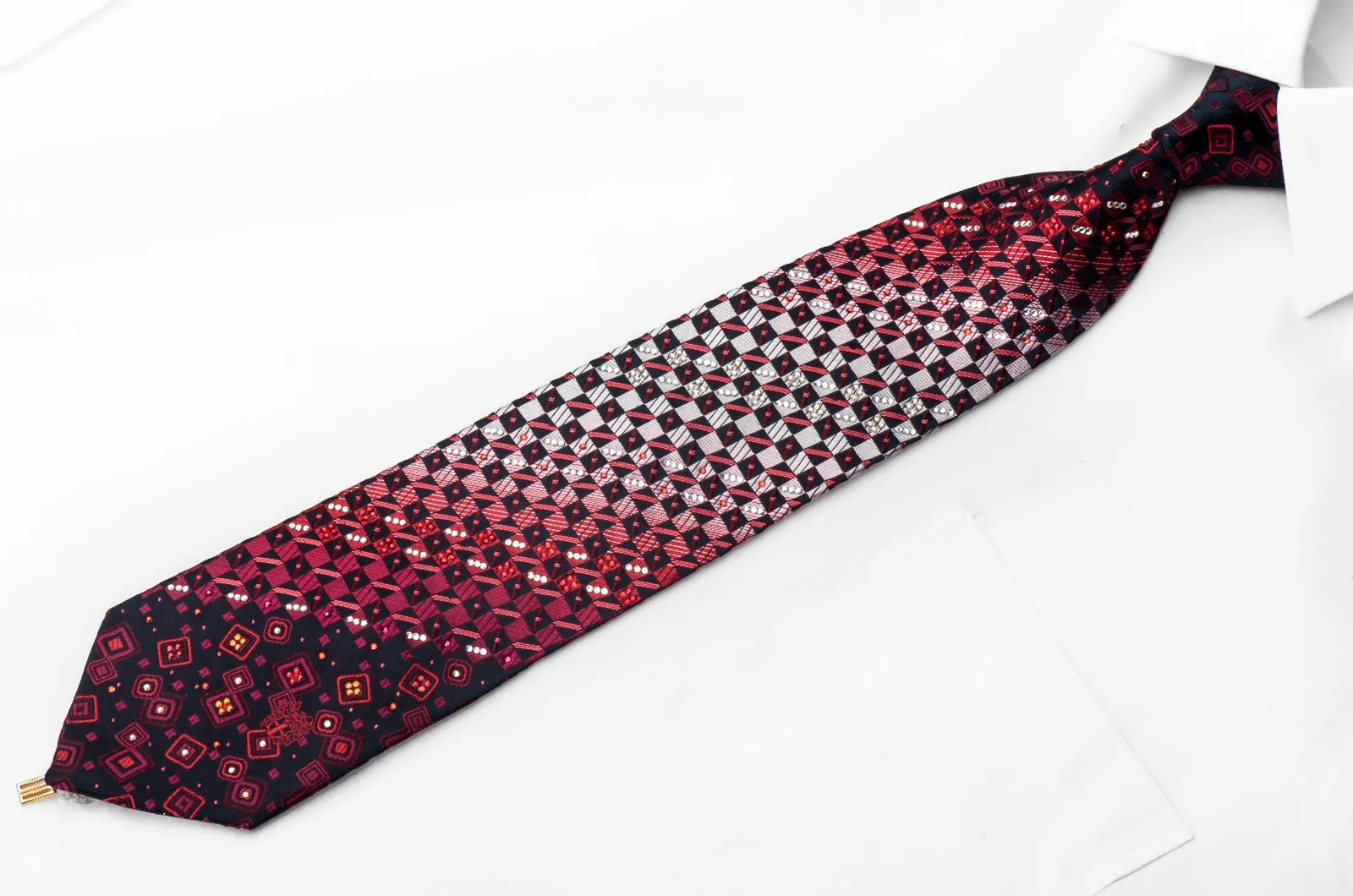 Daks Men's Crystal Silk Tie Red Checkered On Navy With Rhinestones & Red Sparkles