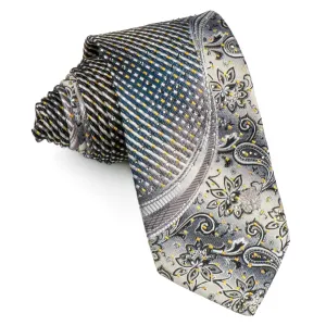 Daks Men's Rhinestone Tie Gray Stripes & Floral With Golden Sparkles