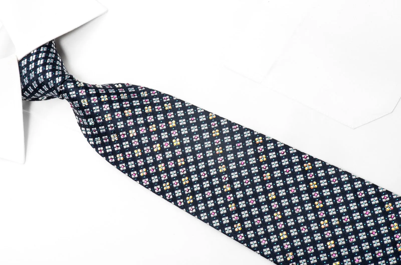 Daks Men's Silk Necktie Silver Checkered On Navy Sparkling With Rhinestones