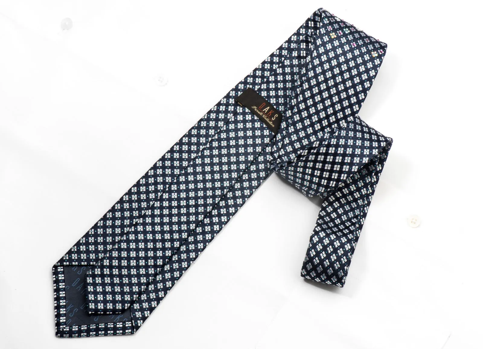 Daks Men's Silk Necktie Silver Checkered On Navy Sparkling With Rhinestones