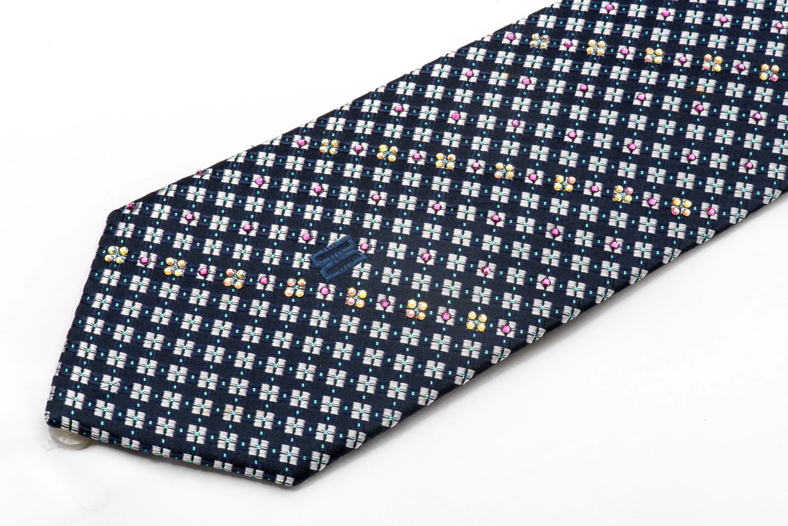 Daks Men's Silk Necktie Silver Checkered On Navy Sparkling With Rhinestones