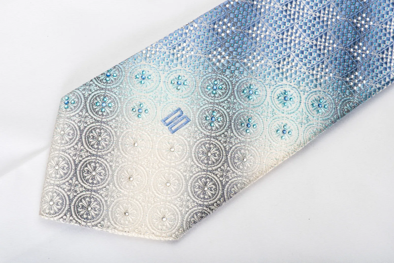 Daks Rhinestone Silk Necktie Blue Checkered On Silver With Sparkles