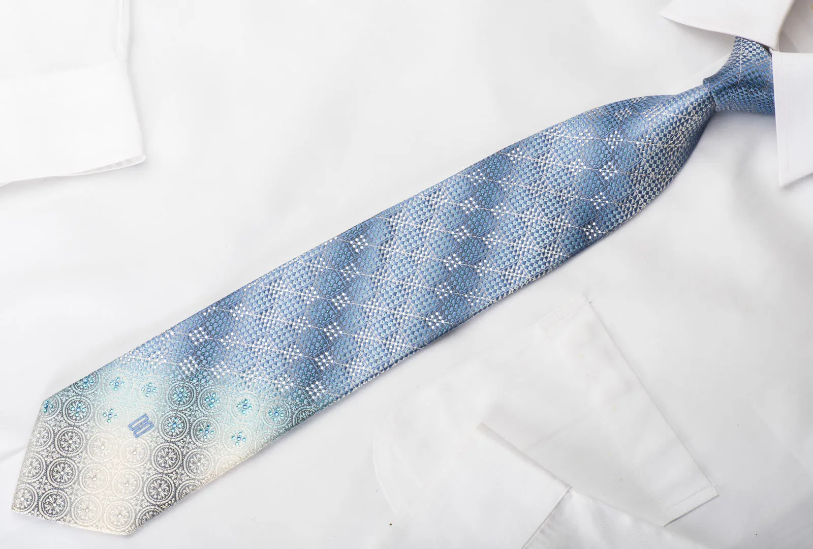 Daks Rhinestone Silk Necktie Blue Checkered On Silver With Sparkles