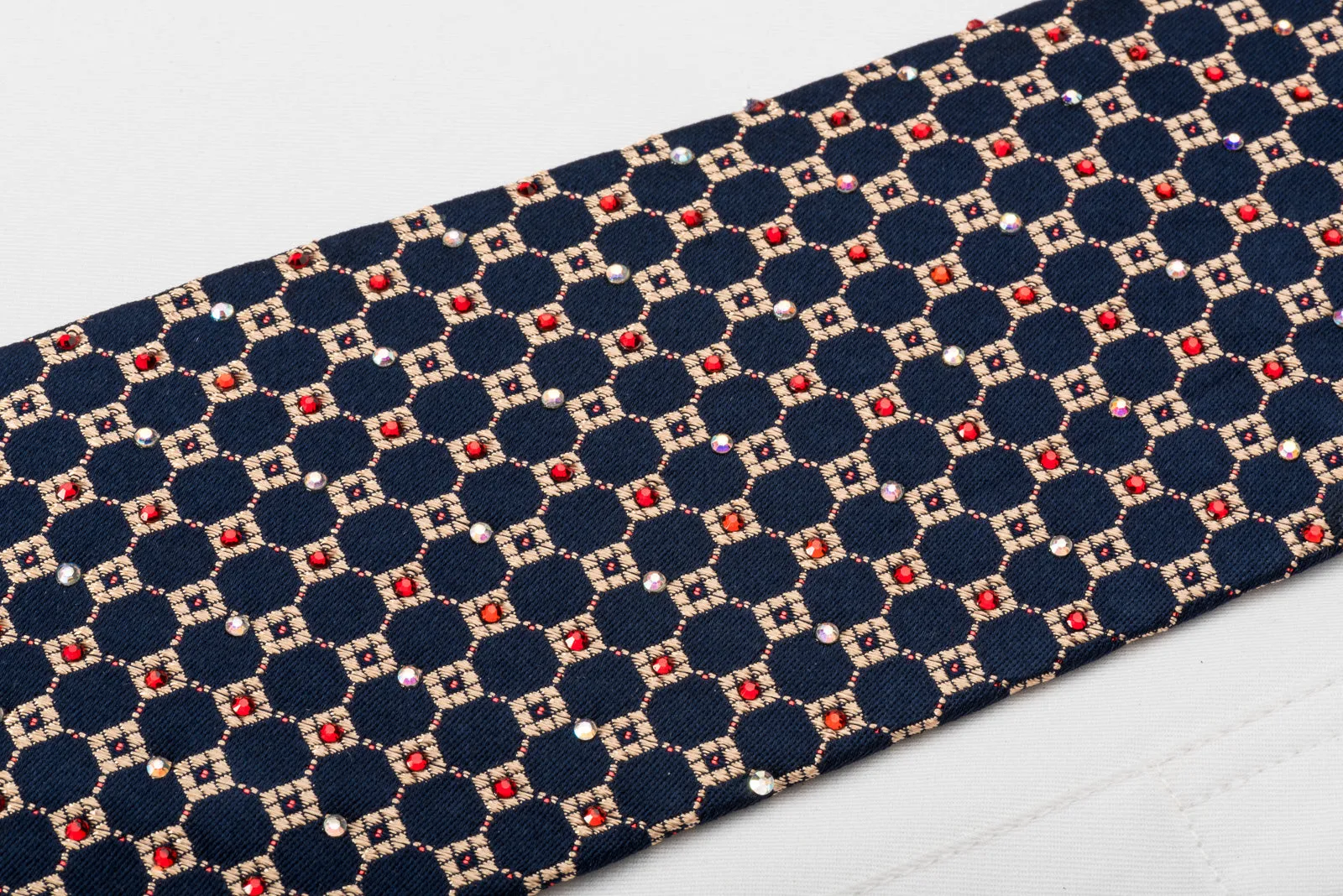 Daks Rhinestone Silk Necktie Golden Checker On Navy Blue With Red Sparkles