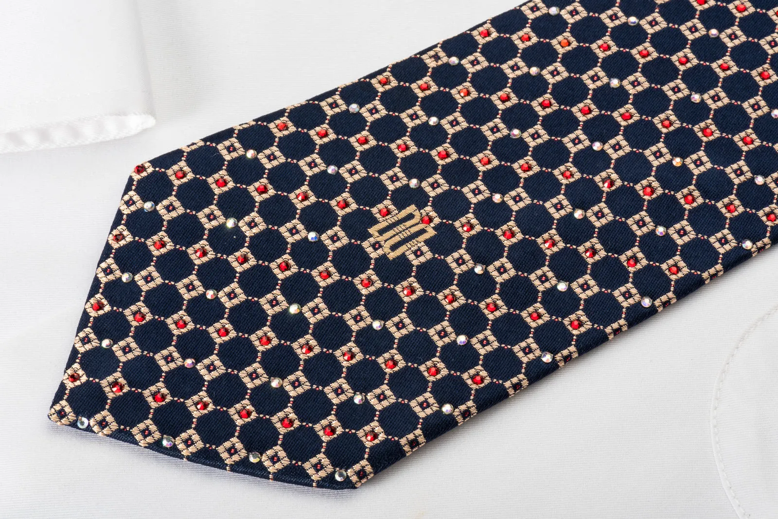 Daks Rhinestone Silk Necktie Golden Checker On Navy Blue With Red Sparkles