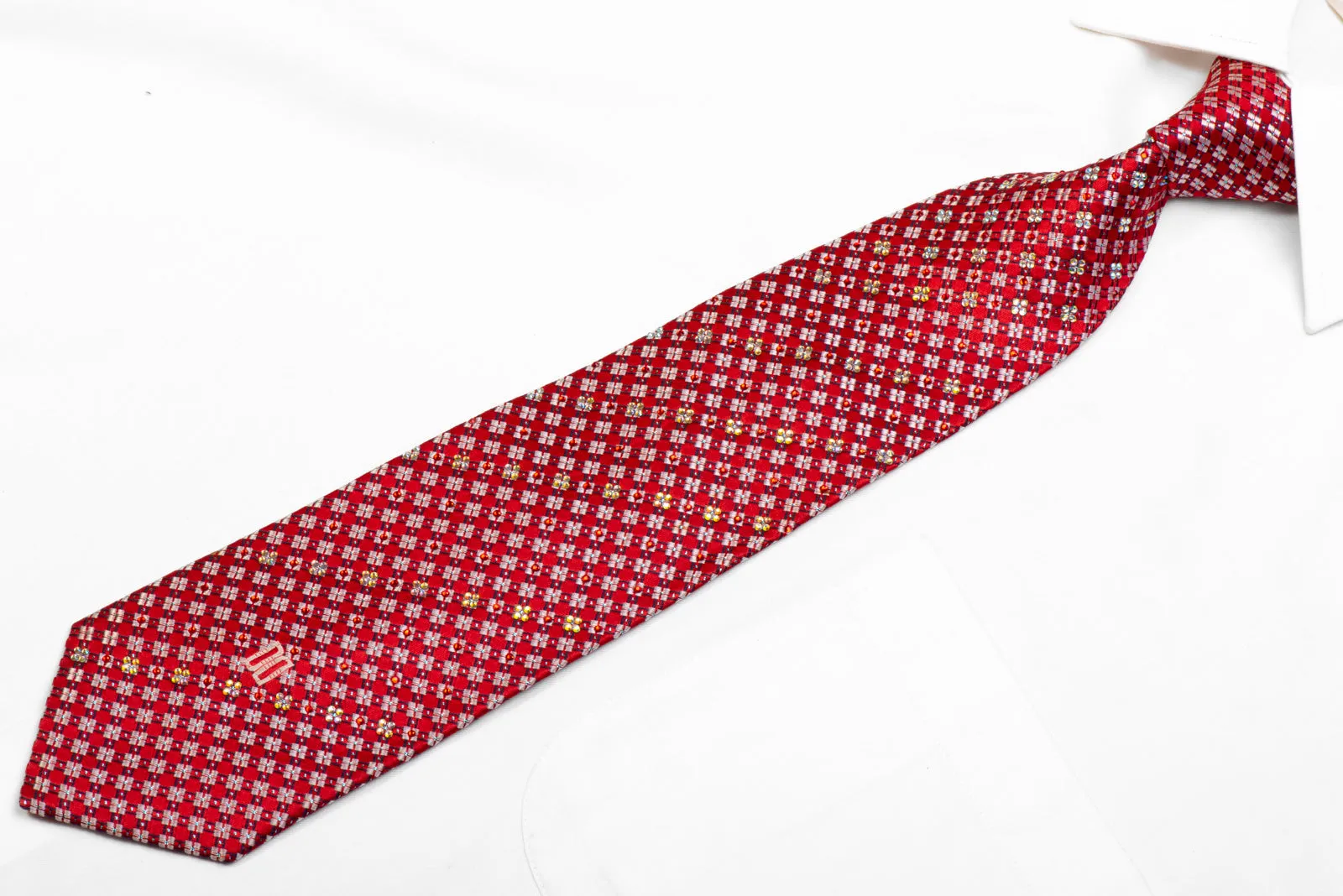 Daks Rhinestone Silk Tie Silver Navy Geometric On Red With Sparkles