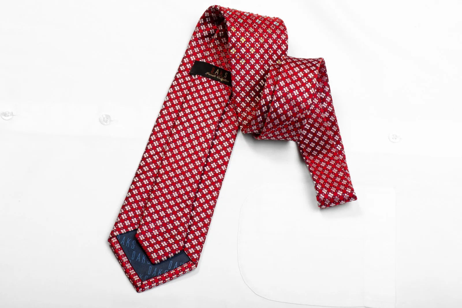 Daks Rhinestone Silk Tie Silver Navy Geometric On Red With Sparkles