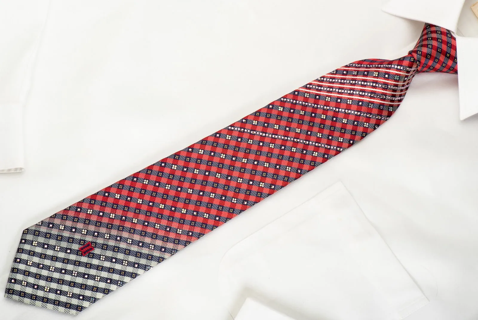 Daks Silk Necktie Blue Red Plaid With Rhinestones & Sparkles