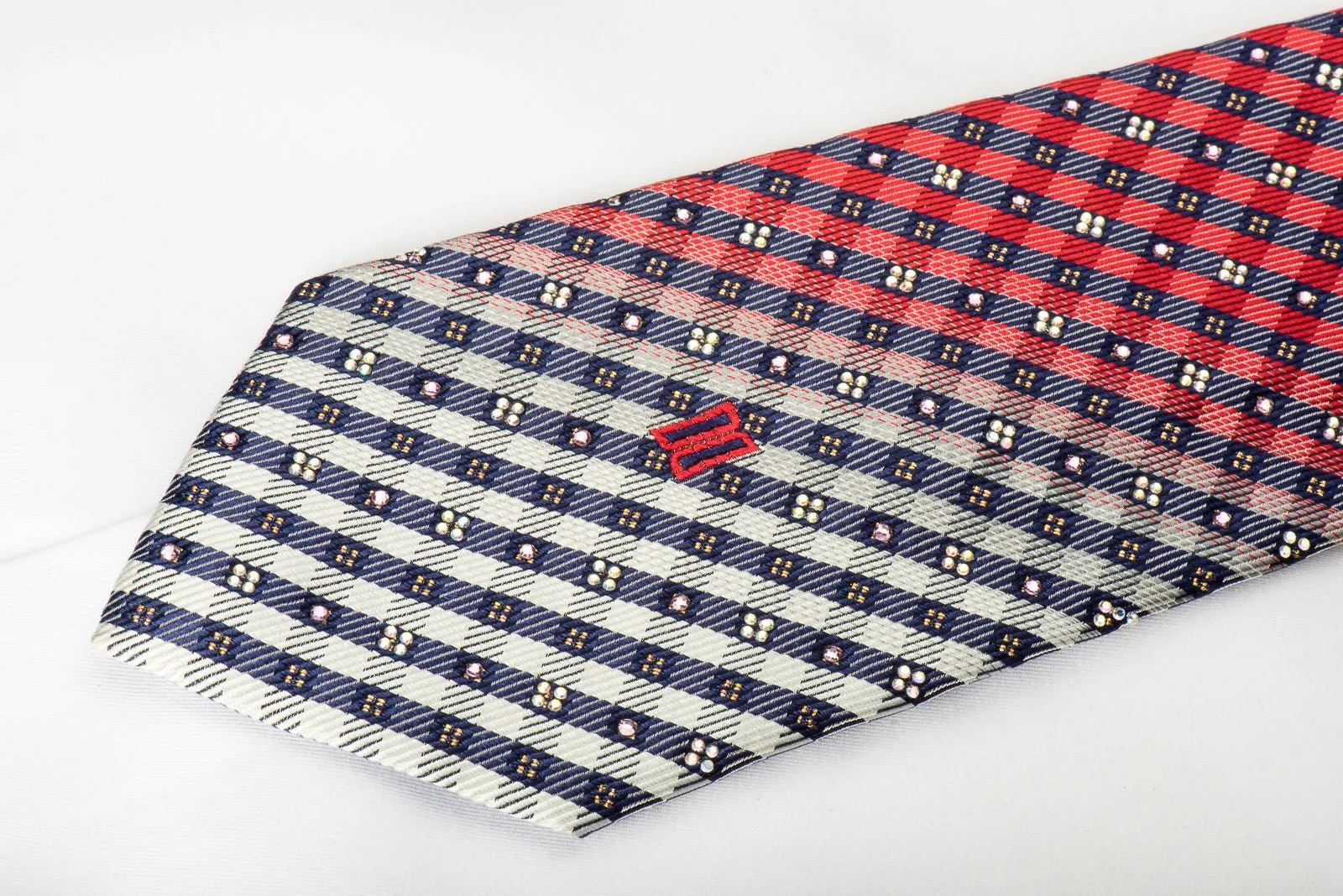 Daks Silk Necktie Blue Red Plaid With Rhinestones & Sparkles