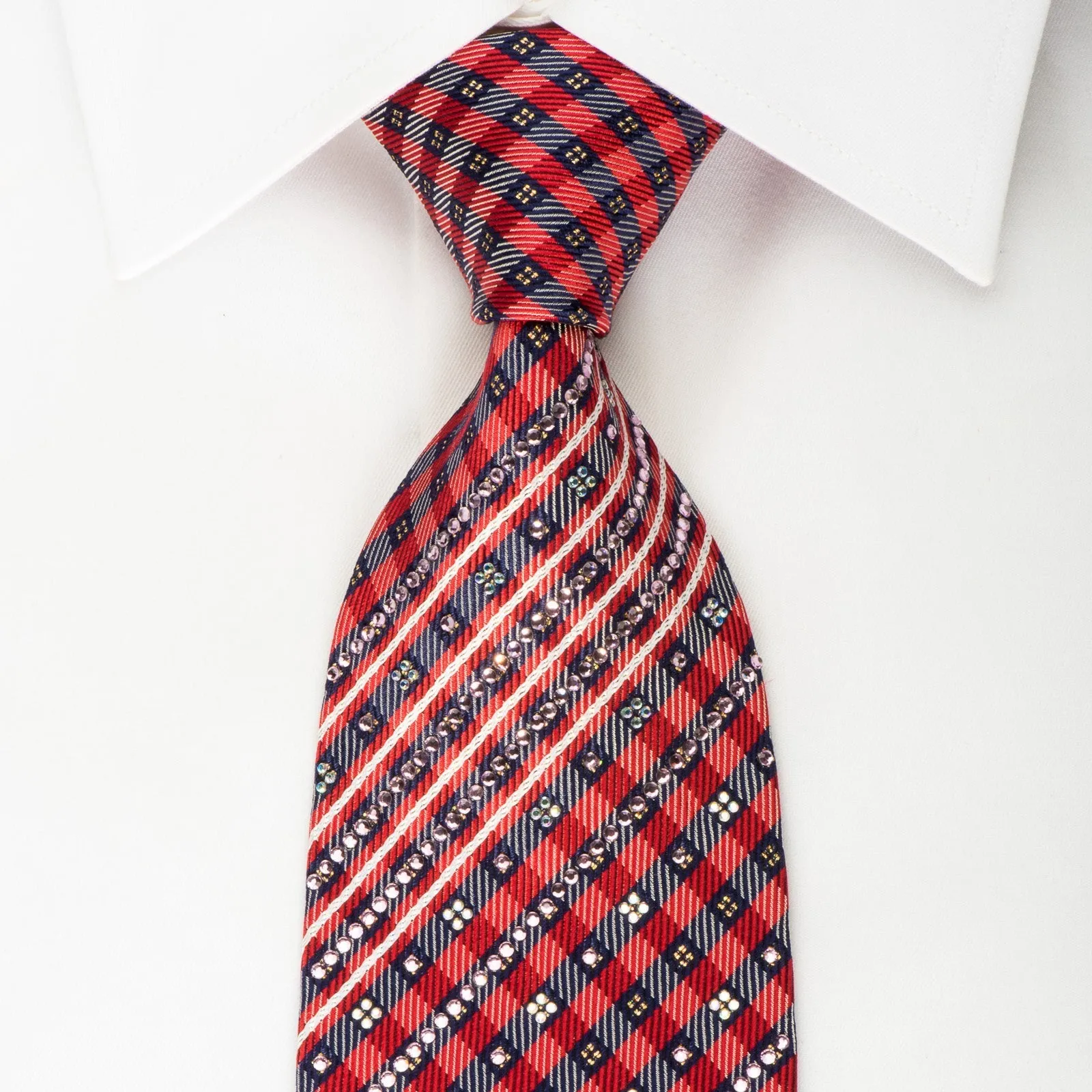 Daks Silk Necktie Blue Red Plaid With Rhinestones & Sparkles