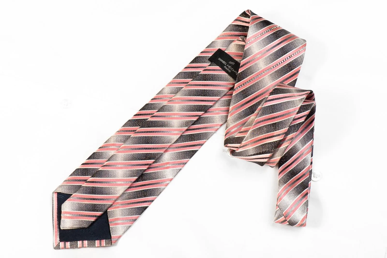 Daniel Hechter Men's Crystal Silk Necktie Pink Stripes On Silver With Silver Sparkles